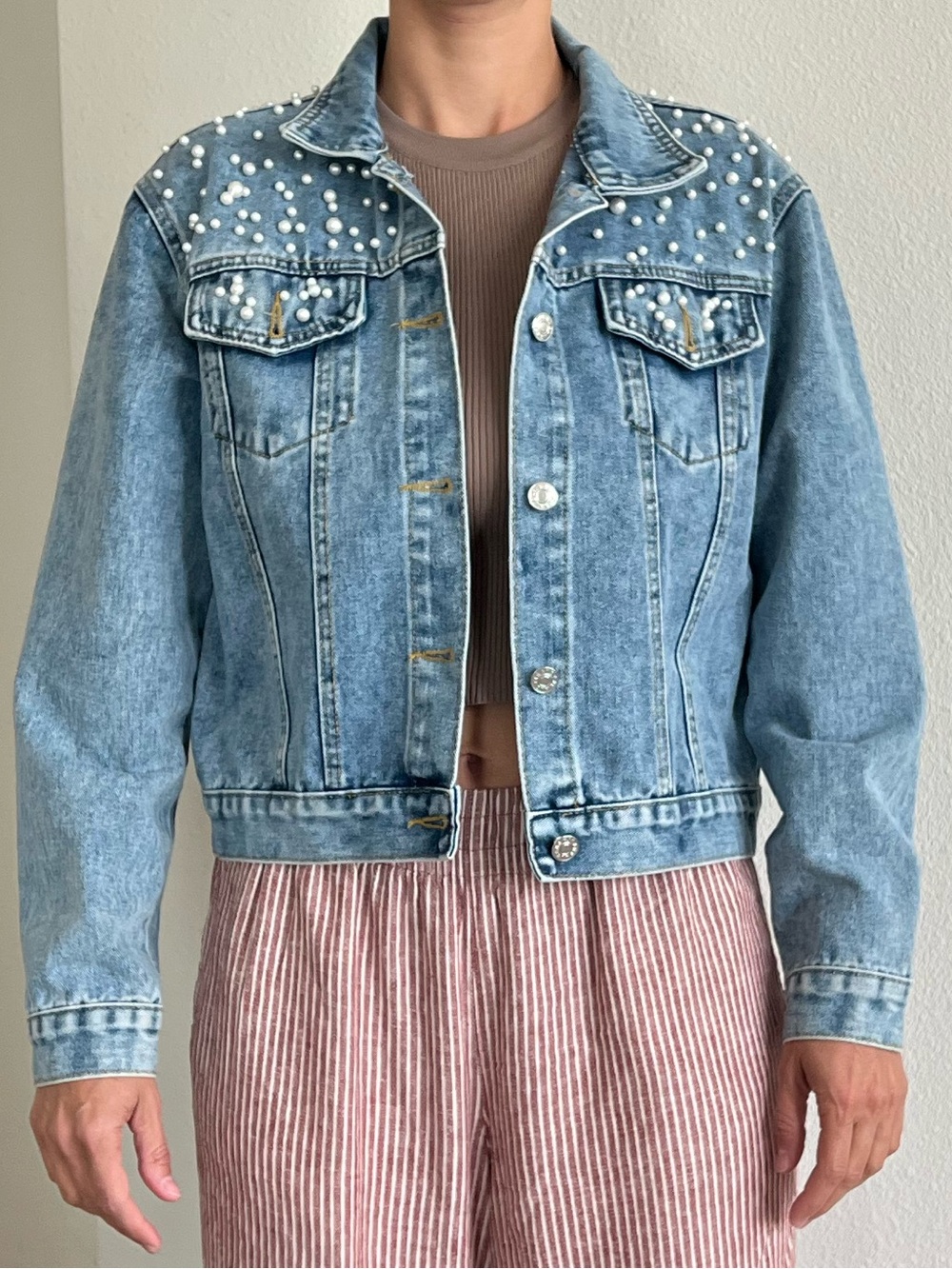 Pearl-Embellished Light Blue Denim Jacket - Women's